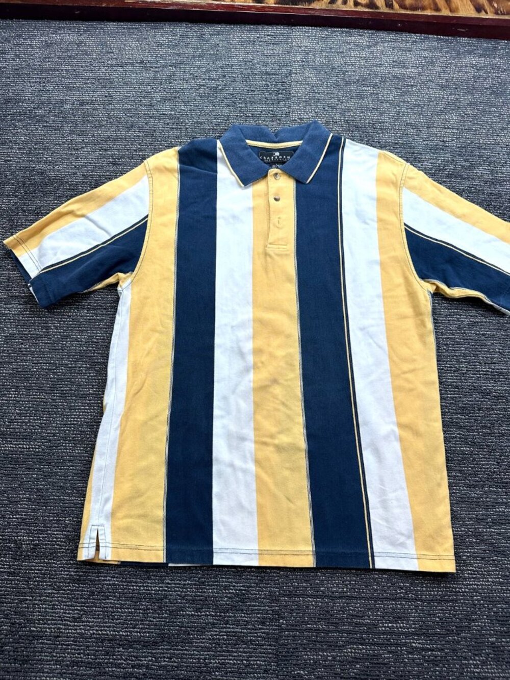 Consensus Sportswear Mens L Polo Shirt Vertical Stripe Navy Yellow 90s Cotton
